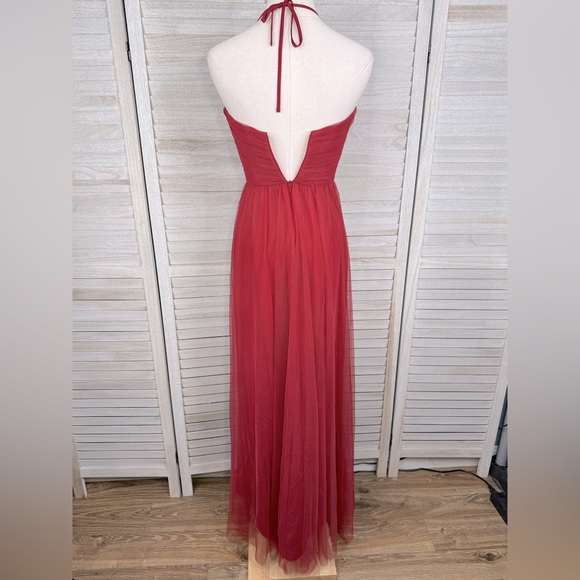 AMSALE "Tara" Halter Strap Tulle Formal Dress/Gown with Ruched Bodice Crimson-0 - Picture 3 of 3